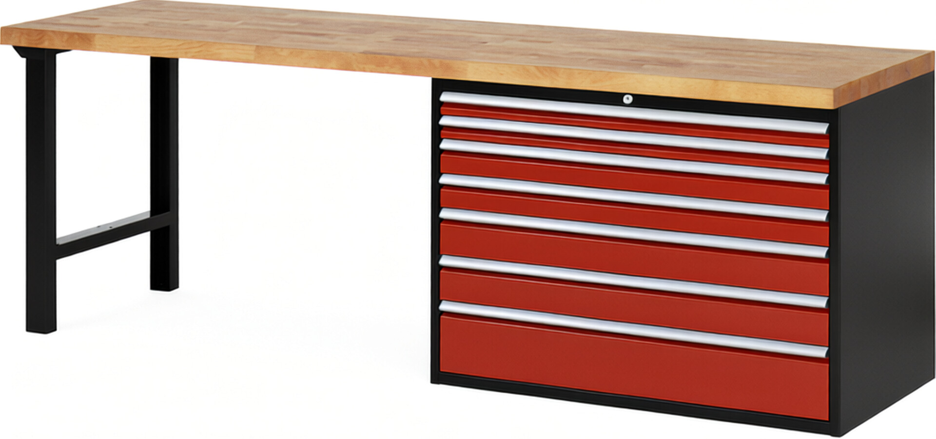 RAU Werkbank schwarz - rot - Breite 250 cm - Tiefe 70 cm - Höhe 89 cm - Buche-Massiv Arbeitsplatte 40 mm