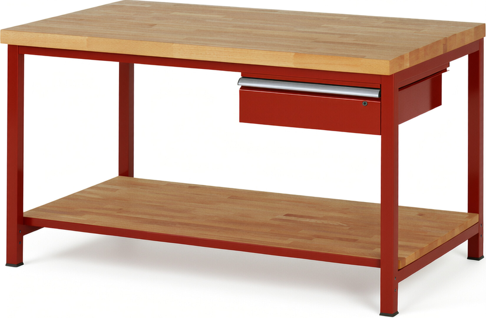 Werkbank Modell 8001 rot, BxTxH 1500x900x840-1040 mm,  Buche-Massiv Arbeitsplatte 40 mm,  1 Schublade mit  Auszug 90 %