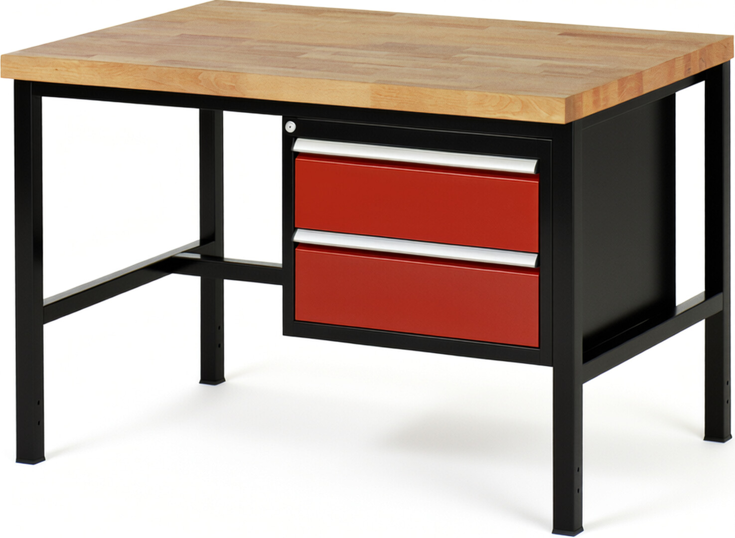 Werkbank Modell 8125 schwarz-rot, BxTxH 1250x900x840 mm,  Buche-Massiv Arbeitsplatte 40 mm,  2 Schubladen mit  Auszug 90 %