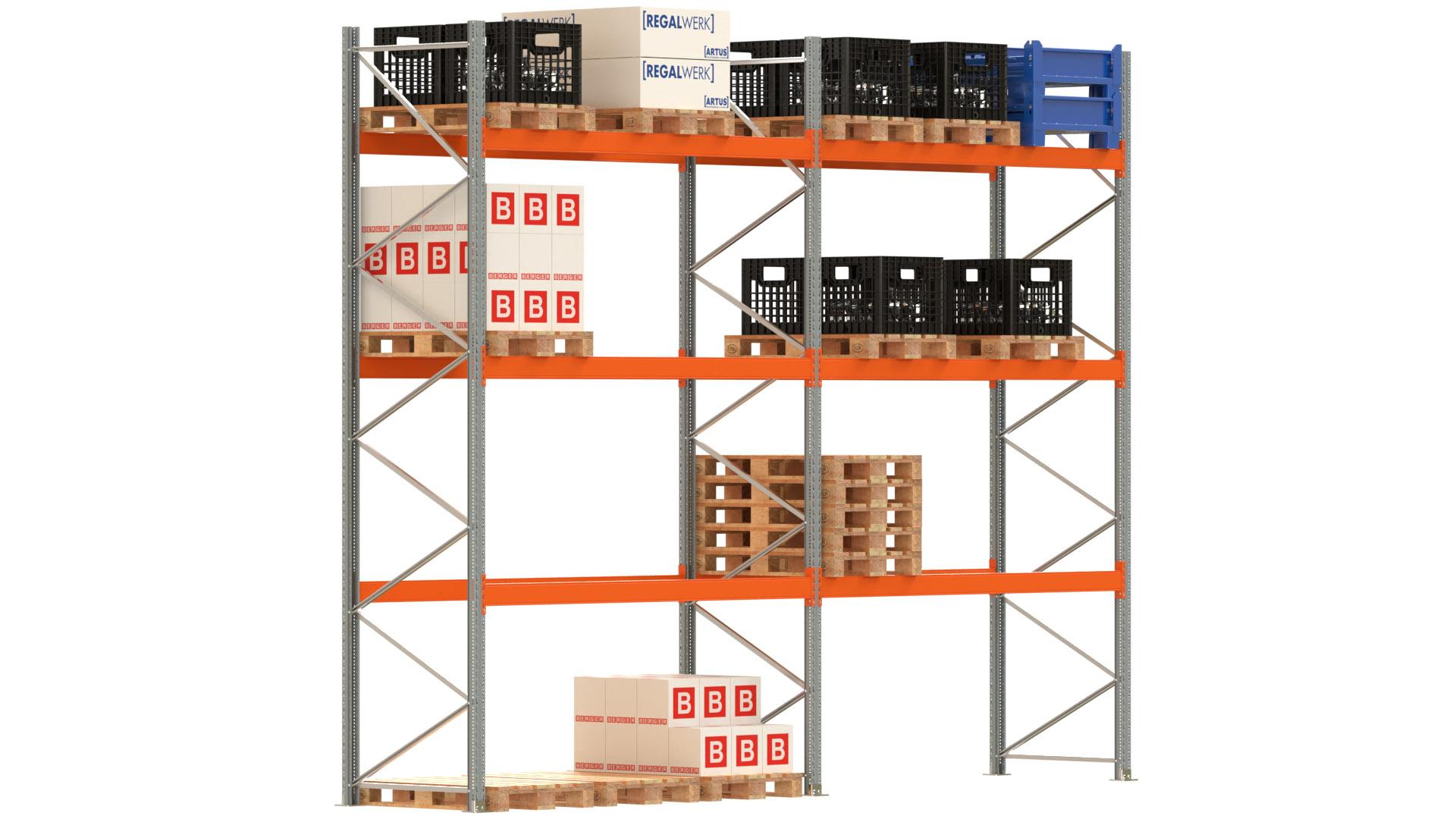 Palettenregal ARTUS - Breite 565,5 cm - Höhe 450 cm - Tiefe 110 cm - 3 Träger-Ebenen - Fachlast 2910 kg - 24 Palettenstellplätze