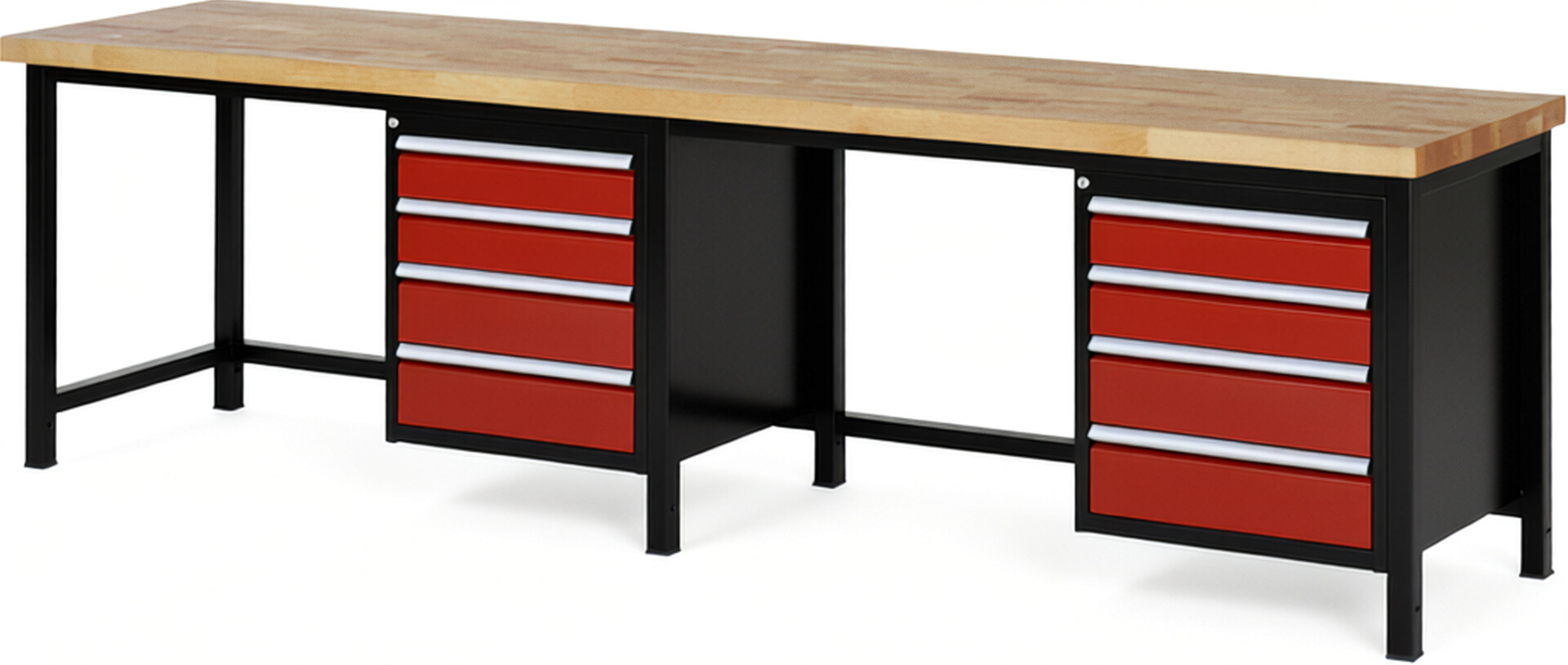 RAU Werkbank schwarz - rot - Breite 300 cm - Tiefe 70 cm - Höhe 104 cm - Buche-Massiv Arbeitsplatte 40 mm