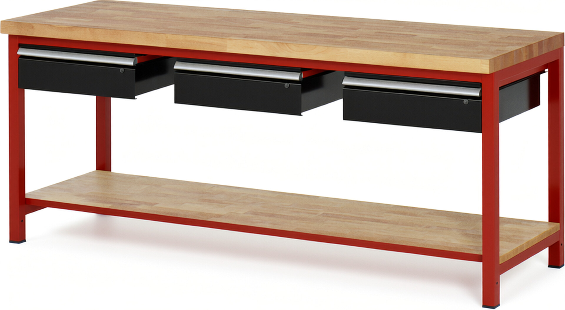 Werkbank Modell 8003 rot - schwarz, BxTxH 2000x700x840 mm,  Buche-Massiv Arbeitsplatte 40 mm,  3 Schubladen mit  Auszug 90 %