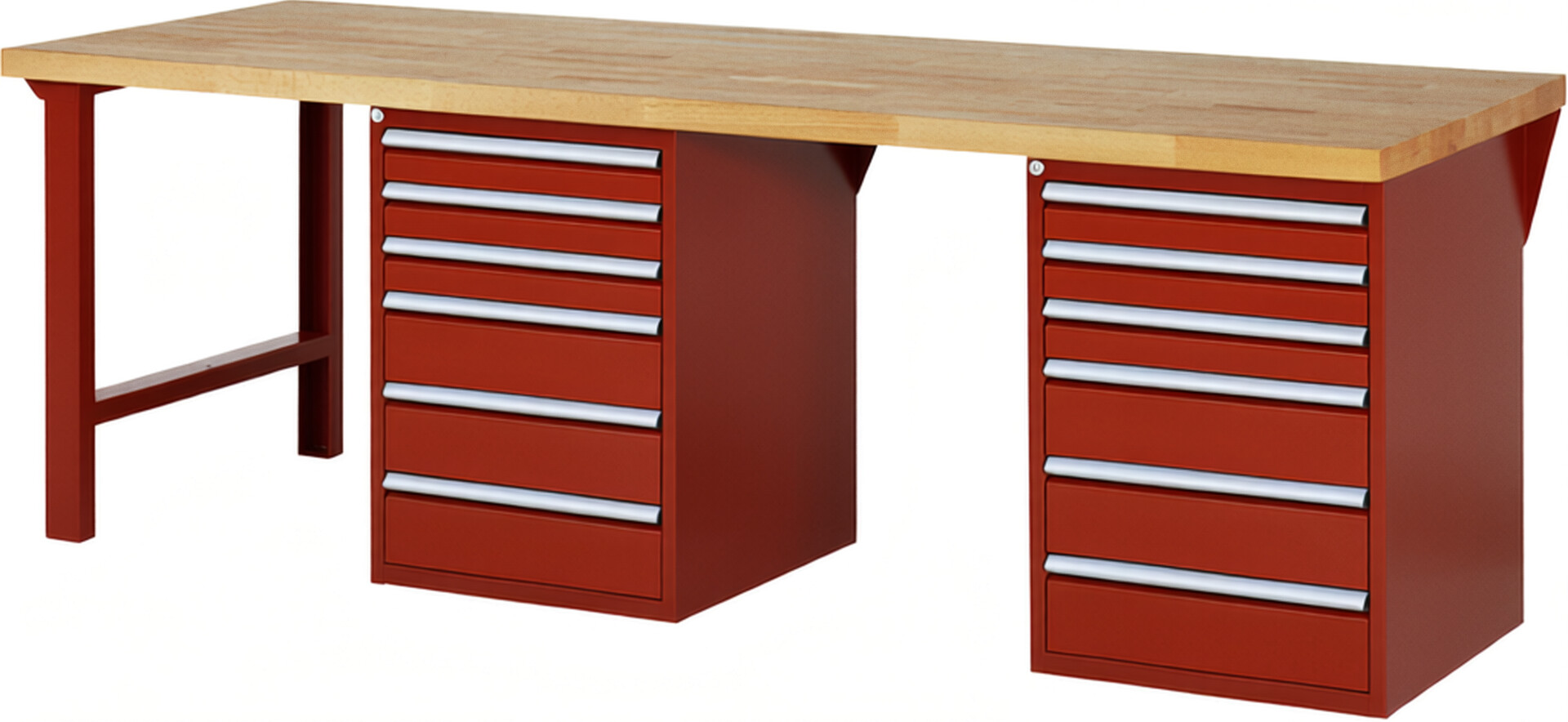 Werkbank Modell 7515 rot, BxTxH 2500x900x890 mm,  Buche-Massiv Arbeitsplatte 40 mm,  12 Schubladen mit  Auszug 90 %