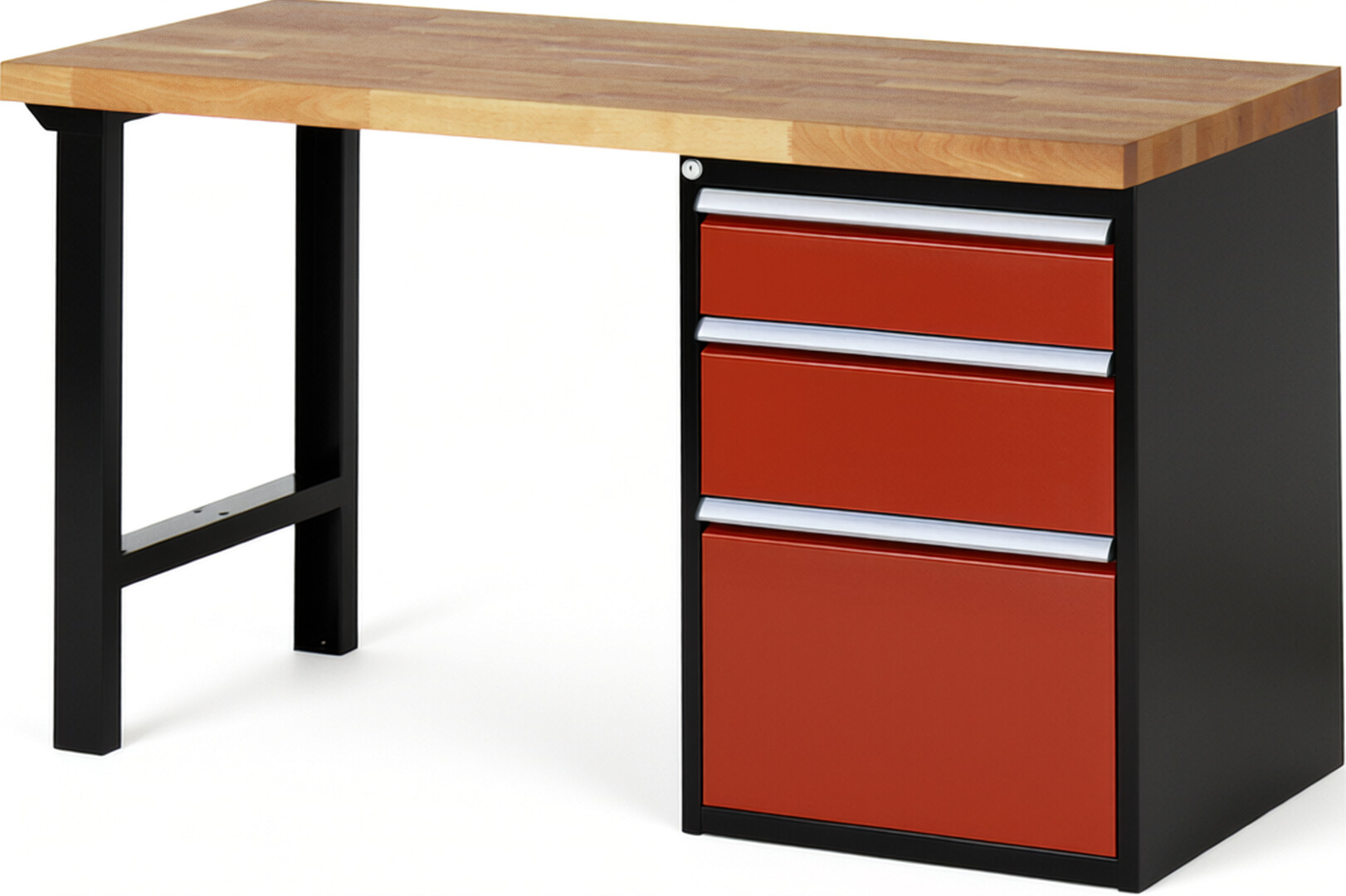 RAU Werkbank schwarz - rot - Breite 150 cm - Tiefe 70 cm - Höhe 89 cm - Buche-Massiv Arbeitsplatte 40 mm