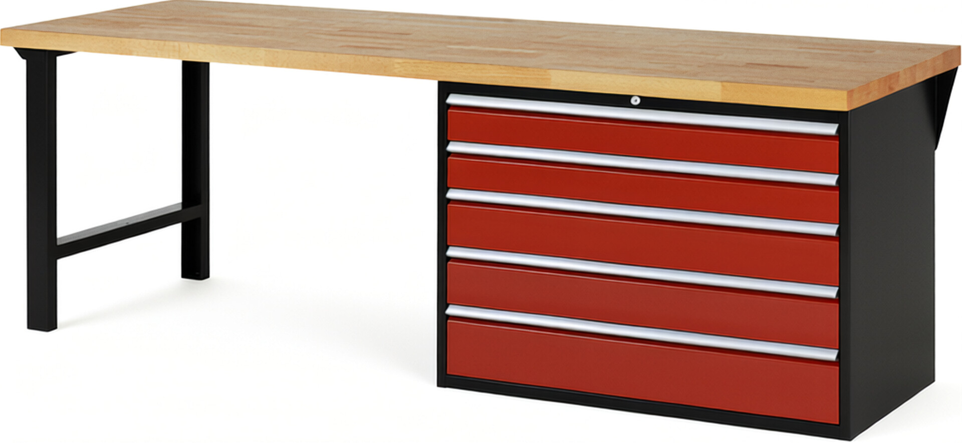 RAU Werkbank schwarz - rot - Breite 250 cm - Tiefe 90 cm - Höhe 89 cm - Buche-Massiv Arbeitsplatte 40 mm