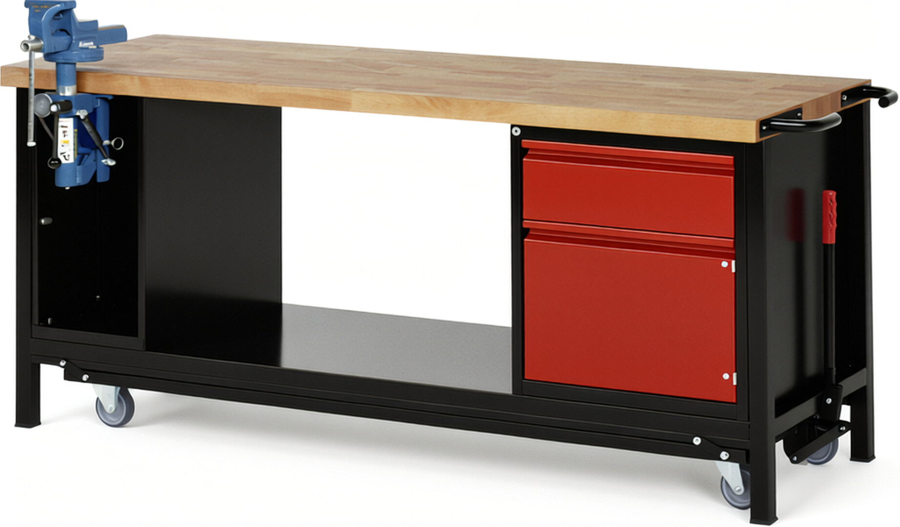 RAU Werkbank schwarz - rot - Breite 200 cm - Tiefe 70 cm - Höhe 88 cm - Buche-Massiv Arbeitsplatte 40 mm