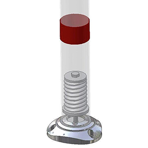 Selbstaufrichtender Feder-Sperrpfosten aus Stahl, rund, Durchm. 76 mm, weiß mit 3 roten Ringen, mit Bodenplatte zum Aufschrauben Durchm. 165 mm