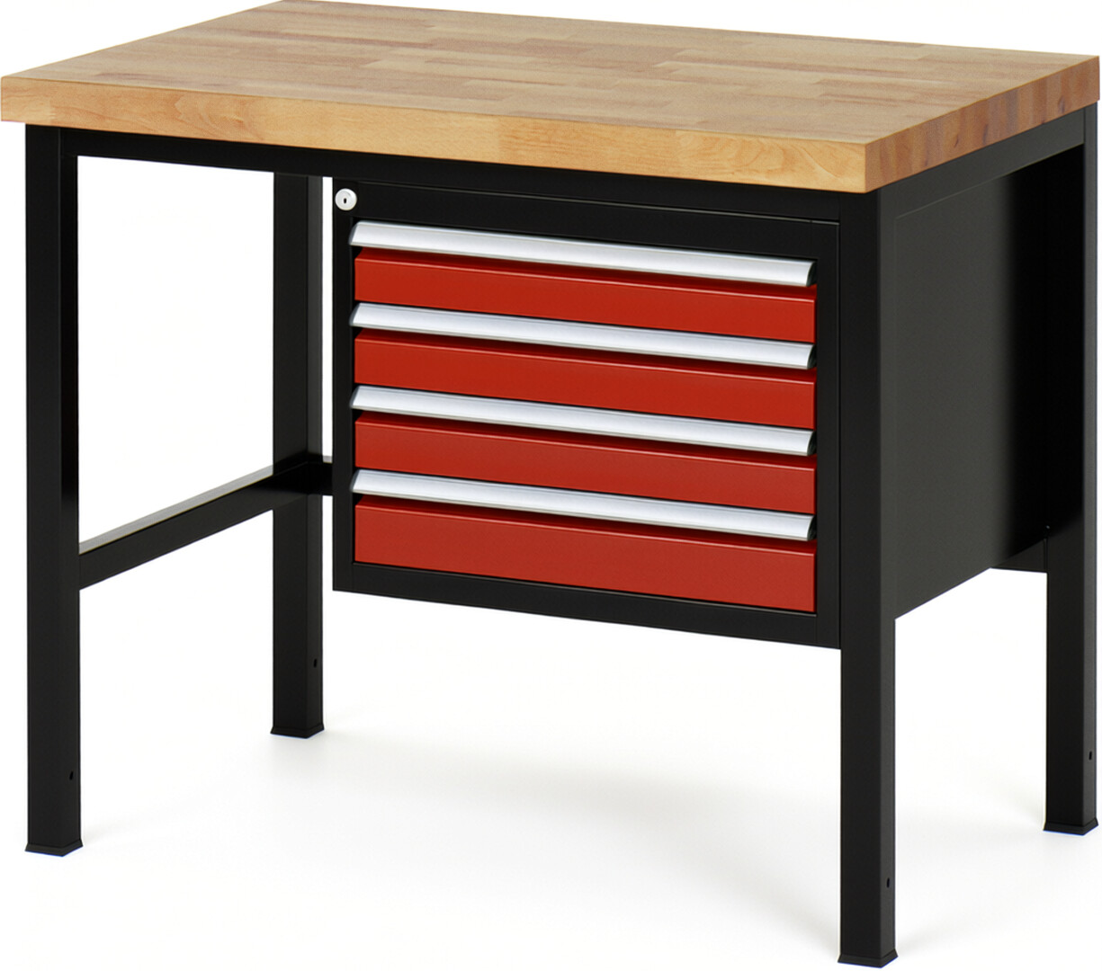 Werkbank Modell 8133 schwarz-rot, BxTxH 1000x700x840-1040 mm,  Buche-Massiv Arbeitsplatte 40 mm,  4 Schubladen mit  Auszug 90 %