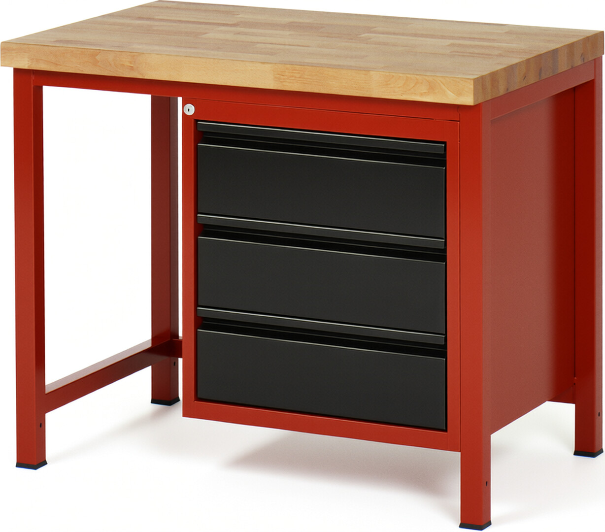 Werkbank rot - schwarz, BxTxH 1000x700x840-1040 mm, Platte Buche 40 mm, 6 Schubladen: 3x90 mm, 3x150 mm, RAL 3000/9011