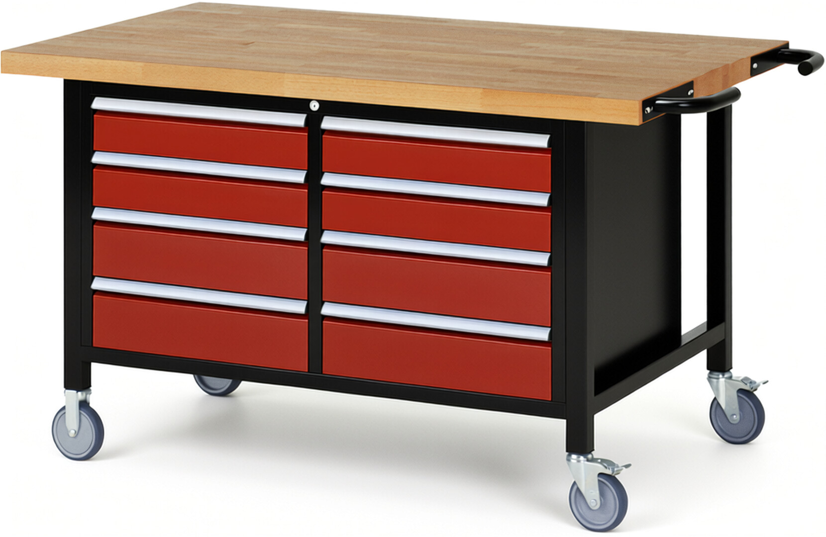 RAU Werkbank schwarz - rot - Breite 150 cm - Tiefe 90 cm - Höhe 108 cm - Buche-Massiv Arbeitsplatte 40 mm