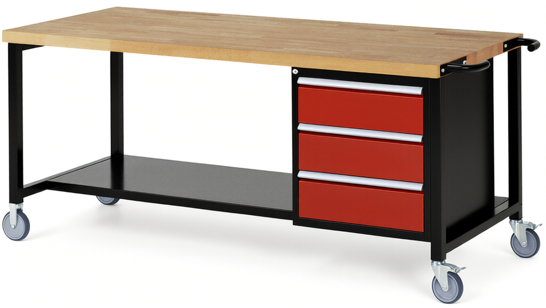 Fahrbare Werkbank Modell 8157 schwarz-rot, BxTxH 2000x900x880 mm,  Buche-Massiv Arbeitsplatte 40 mm,  3 Schubladen mit  Auszug 90 %