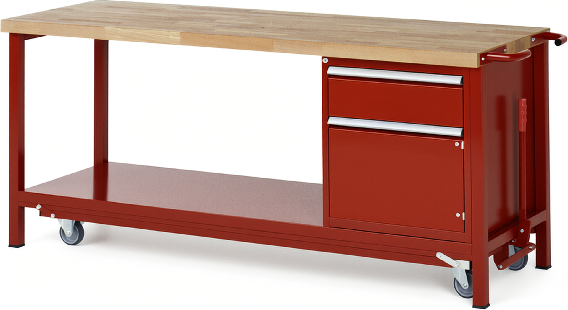 Absenkbare Werkbank Modell 8152 rot, BxTxH 2000x700x880 mm,  Buche-Massiv Arbeitsplatte 40 mm,  1 Schublade mit  Vollauszug 100 % und  SoftClosing
