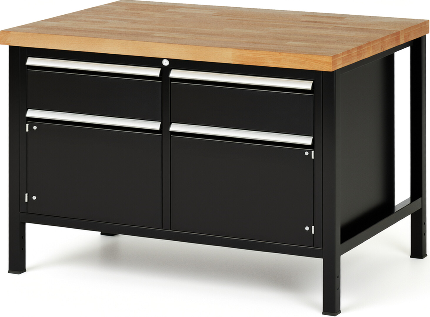 RAU Werkbank schwarz - Breite 125 cm - Tiefe 90 cm - Höhe 104 cm - Buche-Massiv Arbeitsplatte 40 mm