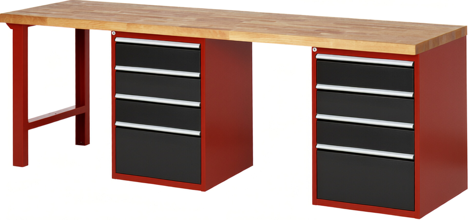 Werkbank Modell 7510 rot - schwarz, BxTxH 2500x700x840 mm,  Buche-Massiv Arbeitsplatte 40 mm,  8 Schubladen mit  Vollauszug 100 % und  SoftClosing