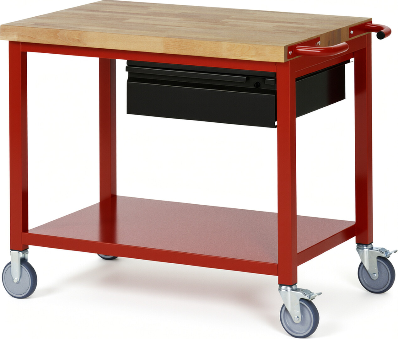 Fahrbare Werkbank - Modell 8001 BASIC rot - schwarz, BxTxH 1000x700x880 mm,  Buche-Massiv Arbeitsplatte 40 mm,  1 Schublade mit  Auszug 90 %