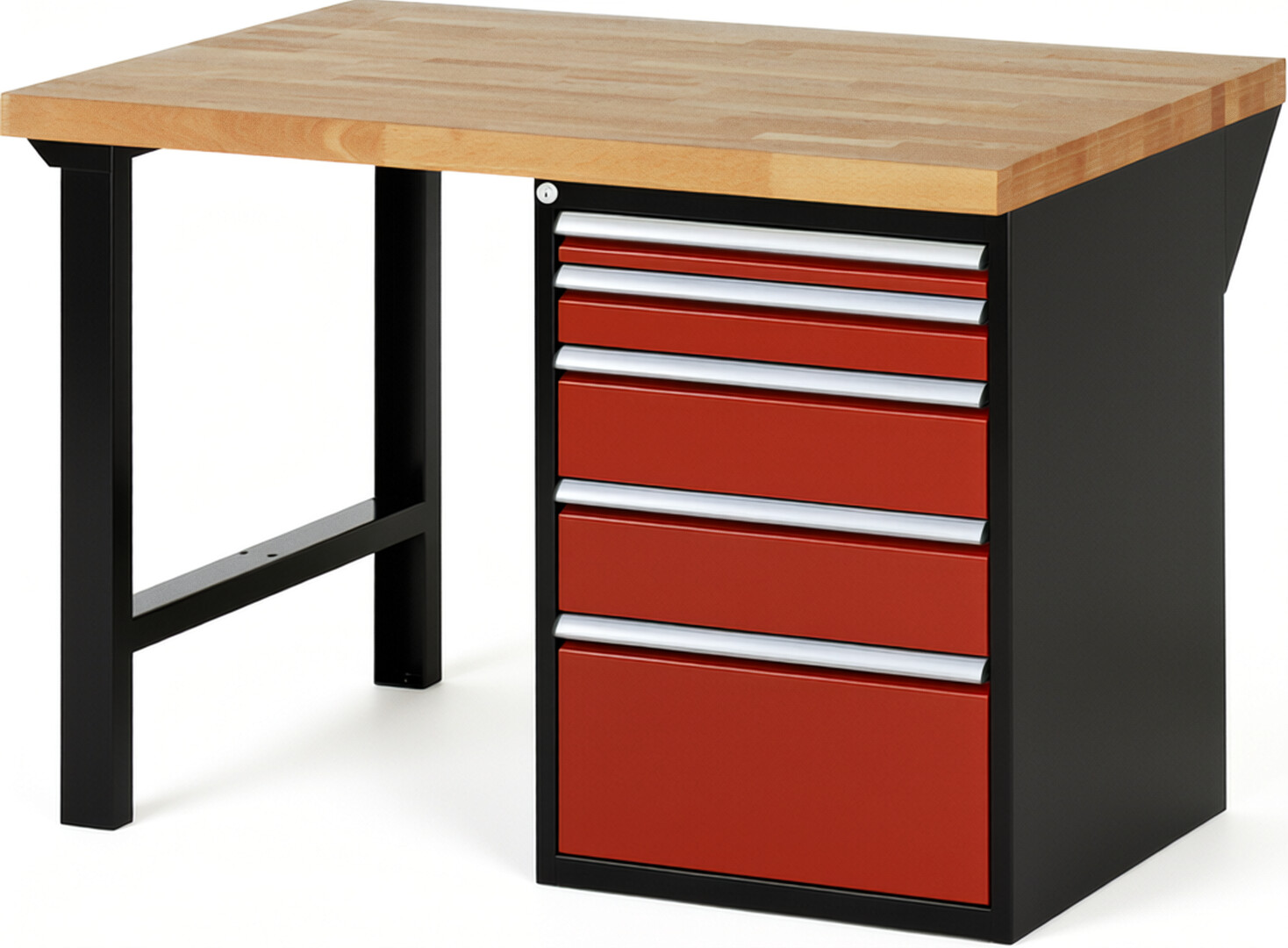 RAU Werkbank schwarz - rot - Breite 125 cm - Tiefe 90 cm - Höhe 84 cm - Buche-Massiv Arbeitsplatte 40 mm