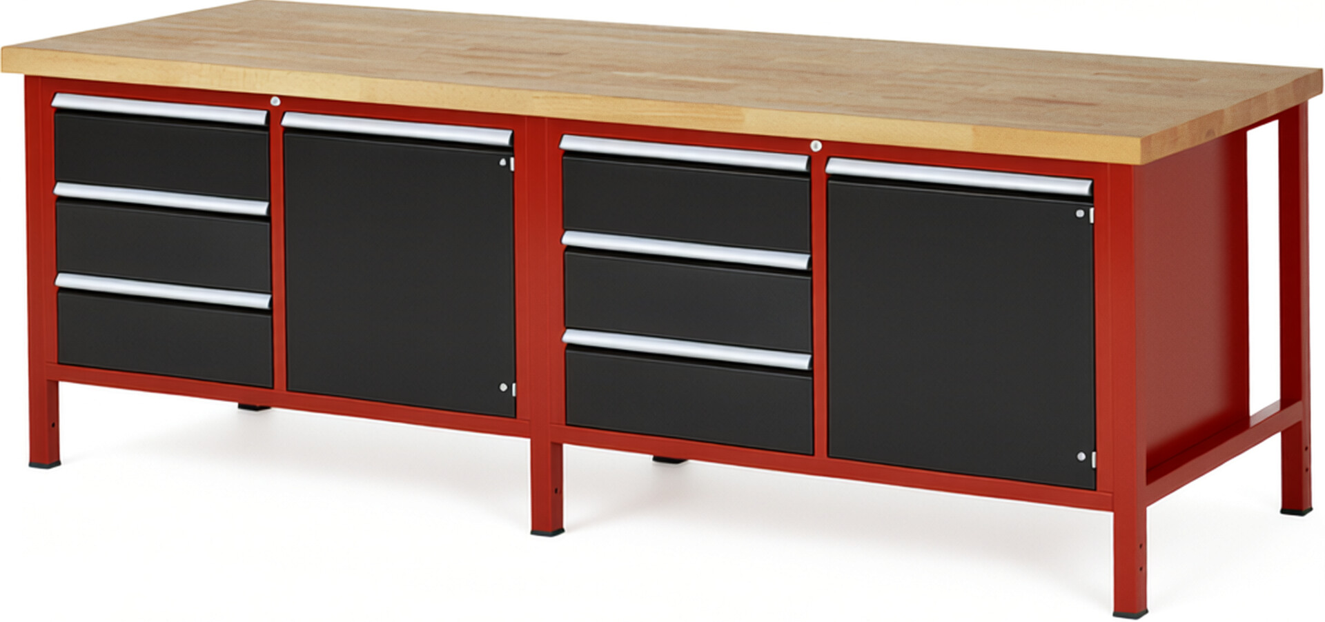 Werkbank Modell 8468 rot - schwarz, BxTxH 2500x900x840-1040 mm,  Buche-Massiv Arbeitsplatte 40 mm,  6 Schubladen mit  Auszug 90 %