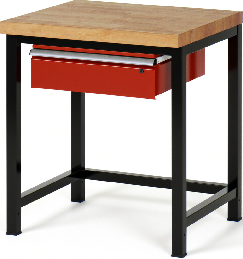 RAU Werkbank schwarz - rot - Breite 75 cm - Tiefe 70 cm - Höhe 104 cm - Buche-Massiv Arbeitsplatte 40 mm