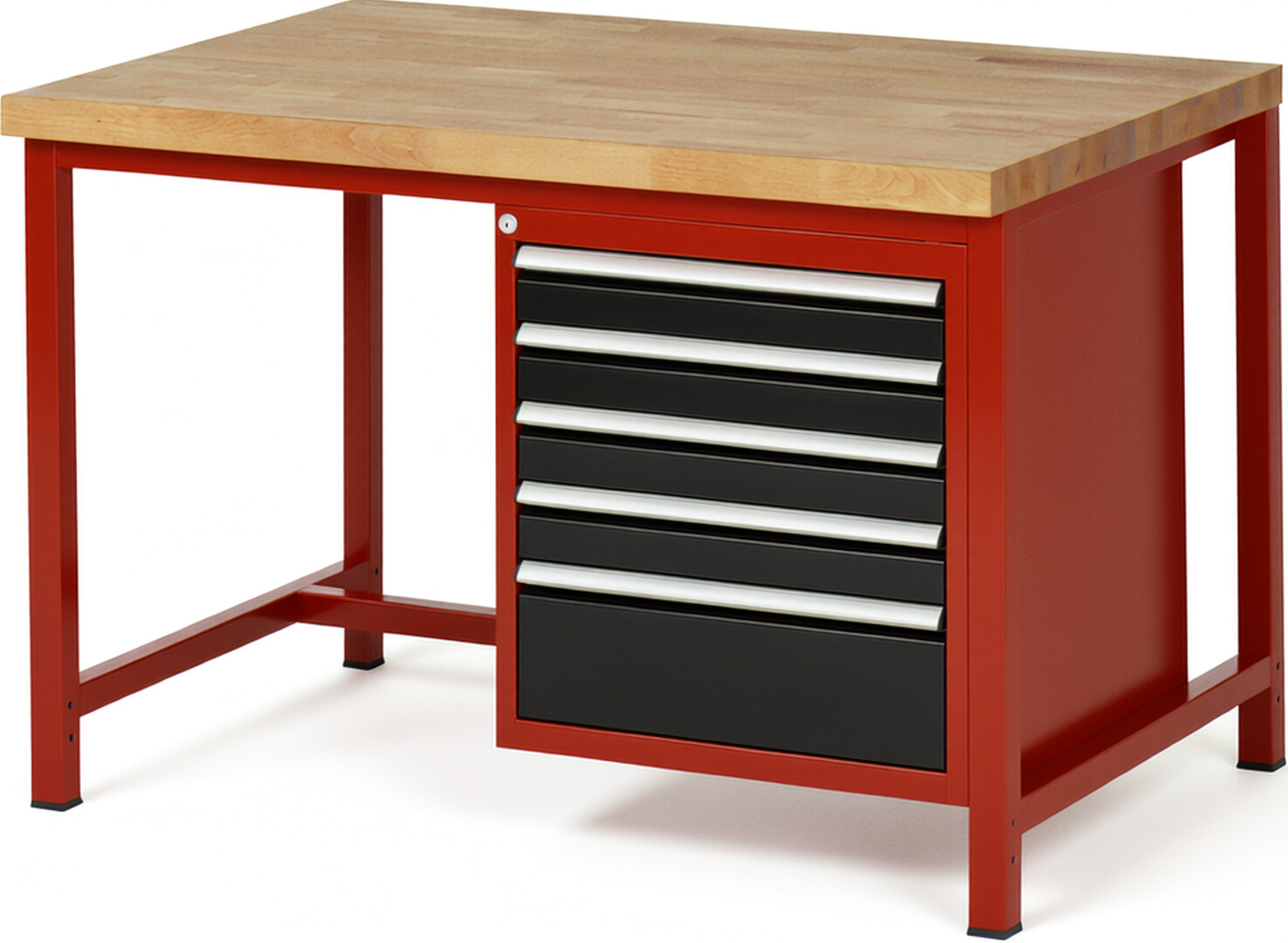 RAU Werkbank rot - schwarz - Breite 125 cm - Tiefe 90 cm - Höhe 104 cm - Buche-Massiv Arbeitsplatte 40 mm