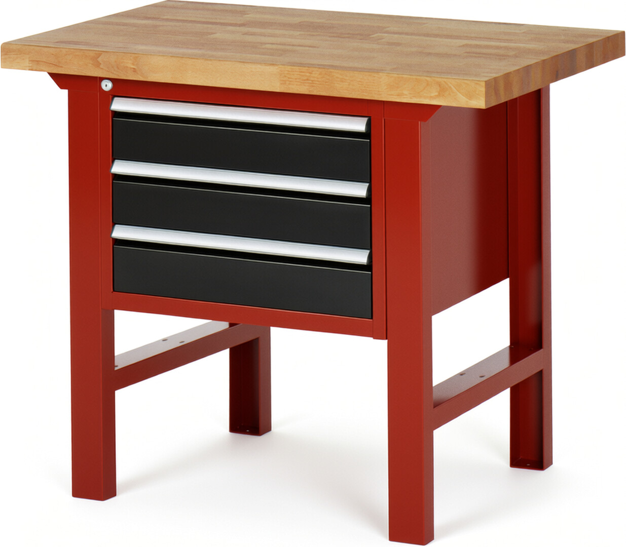Werkbank Modell 7127 rot - schwarz, BxTxH 1000x700x840 mm,  Buche-Massiv Arbeitsplatte 40 mm,  3 Schubladen mit  Auszug 90 %