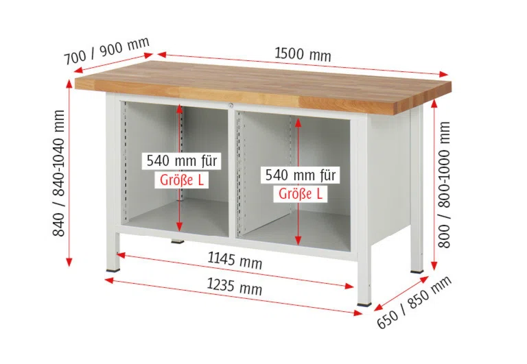 Werkbank Modell 8476 schwarz, BxTxH 1500x700x840 mm,  Buche-Massiv Arbeitsplatte 40 mm,  7 Schubladen mit  Auszug 90 %