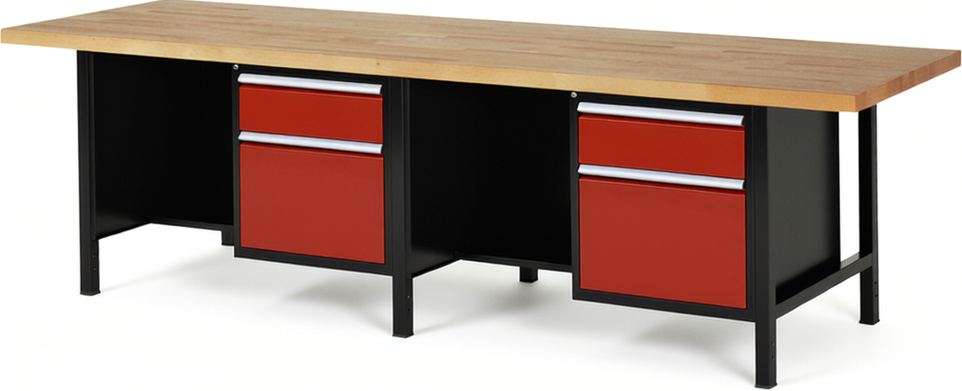 RAU Werkbank schwarz - rot - Breite 300 cm - Tiefe 90 cm - Höhe 104 cm - Buche-Massiv Arbeitsplatte 40 mm