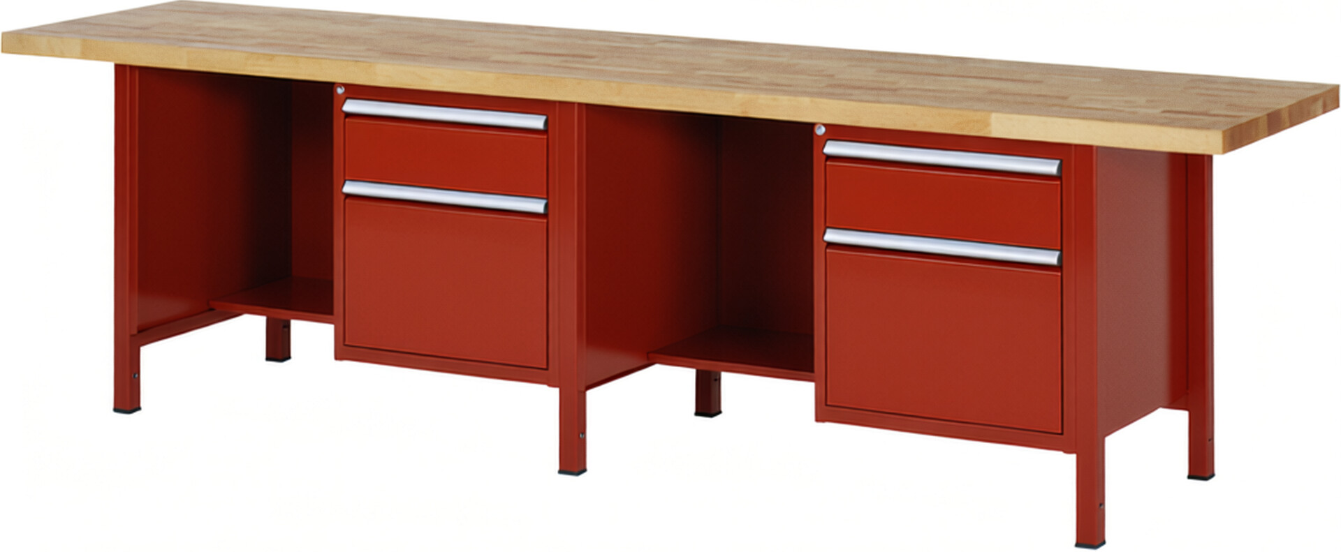 Werkbank Modell 8451 rot, BxTxH 3000x700x840-1040 mm,  Buche-Massiv Arbeitsplatte 40 mm,  4 Schubladen mit  Auszug 90 %