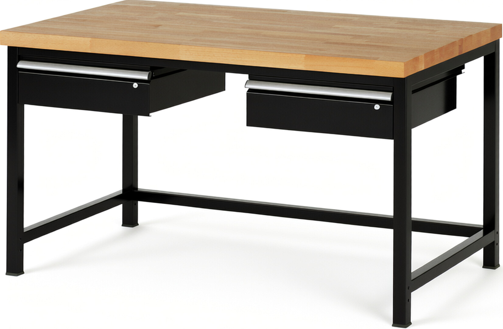 Werkbank Modell 8002 schwarz, BxTxH 1500x900x840-1040 mm,  Buche-Massiv Arbeitsplatte 40 mm,  2 Schubladen mit  Auszug 90 %