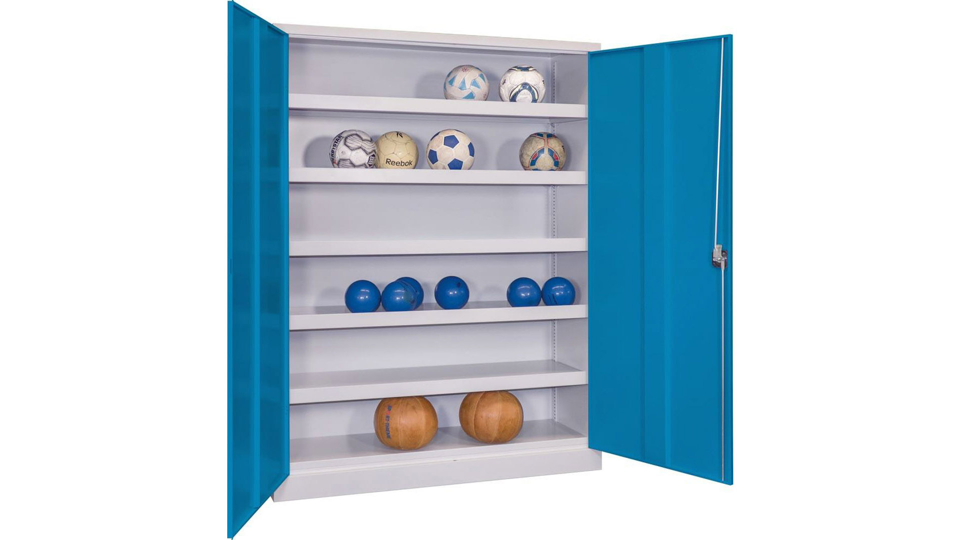 Sportschrank, Ballschrank - Lochfeldtüren - 5 Böden - 1.950x1.200x500 mm (HxBxT) - lichtgrau/lichtblau