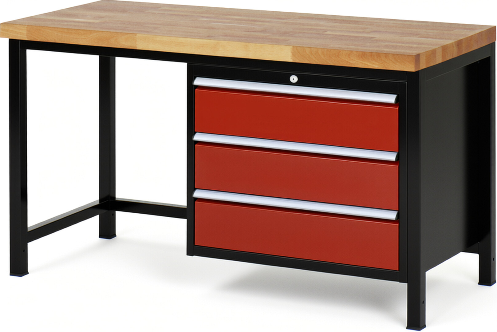 Werkbank Modell 8257 schwarz-rot, BxTxH 1500x700x840 mm,  Buche-Massiv Arbeitsplatte 40 mm,  3 Schubladen mit  Vollauszug 100 % und  SoftClosing