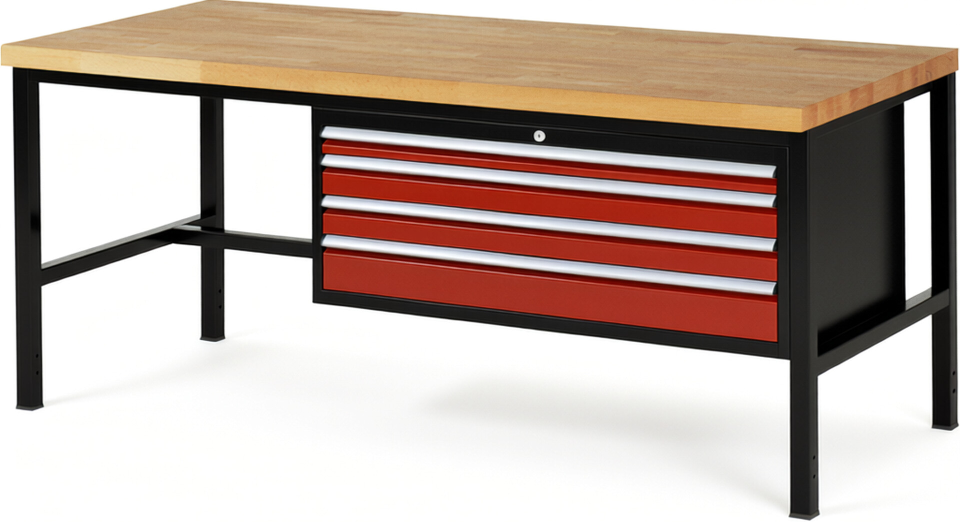 RAU Werkbank schwarz - rot - Breite 200 cm - Tiefe 90 cm - Höhe 104 cm - Buche-Massiv Arbeitsplatte 40 mm