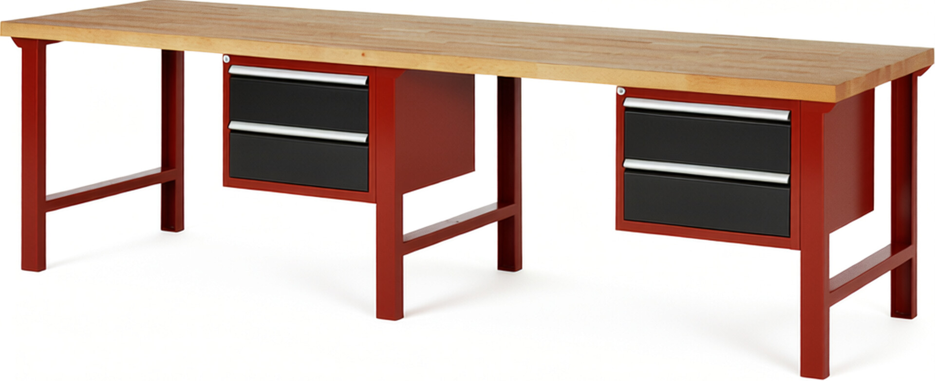 Werkbank Modell 7125 rot - schwarz, BxTxH 3000x900x840 mm,  Buche-Massiv Arbeitsplatte 40 mm,  4 Schubladen mit  Auszug 90 %