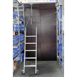 Aluminium-Regalleiter für Doppelregal, drehbar, 80 mm tiefe Stufen, 8 Stufen, 3,06 m senkr. Einhängehöhe, Stufenabst. 235 mm, 20 Grad