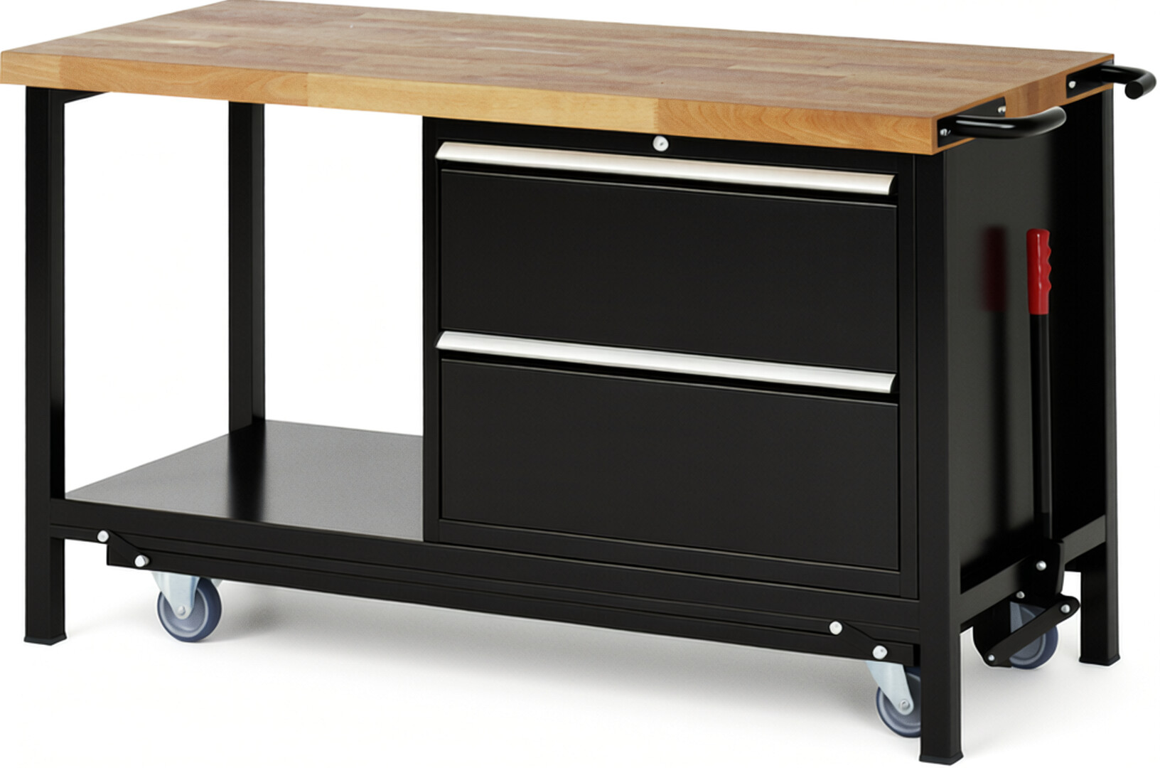 Absenkbare Werkbank Modell 8255 schwarz, BxTxH 1500x700x880 mm,  Buche-Massiv Arbeitsplatte 40 mm,  2 Schubladen mit  Auszug 90 %