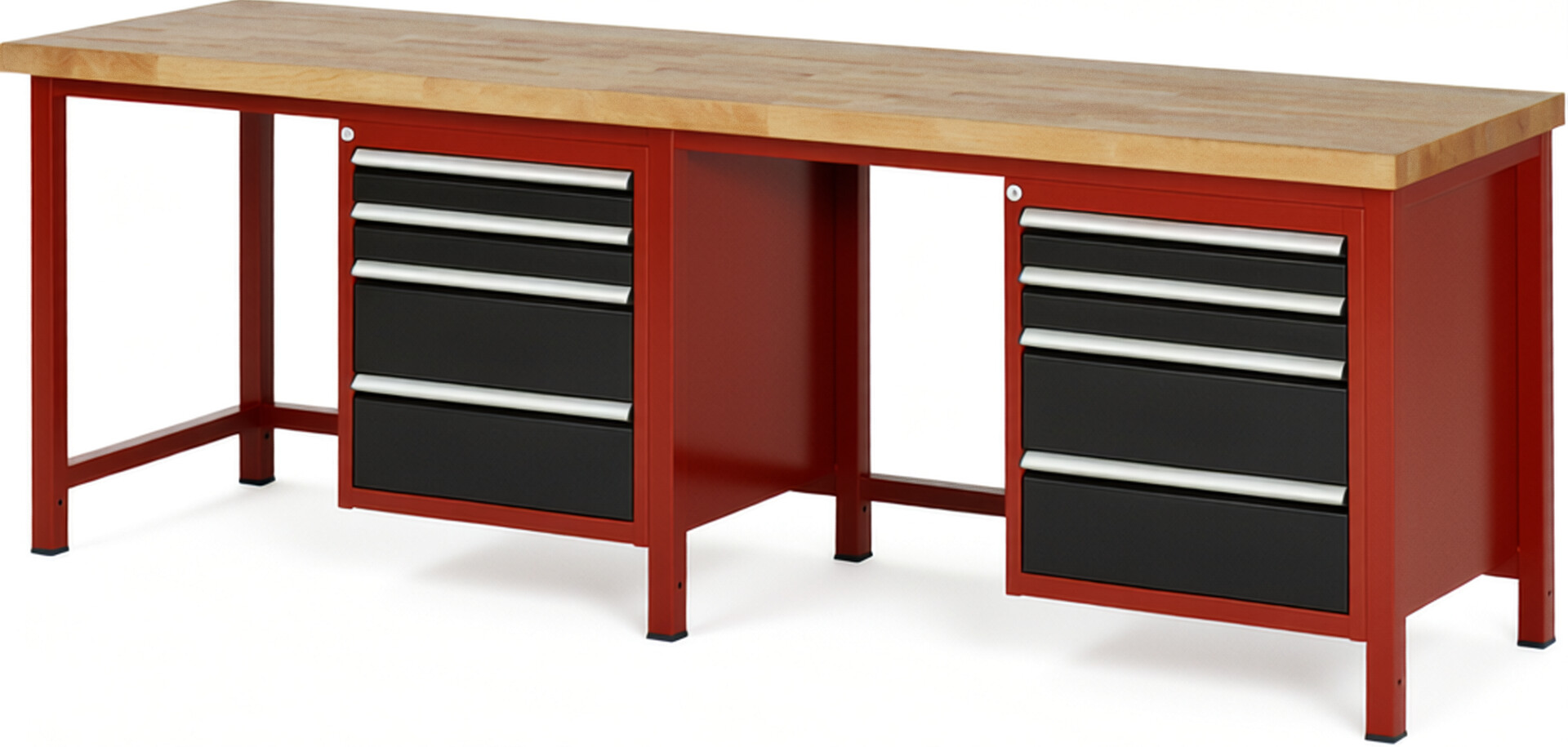 RAU Werkbank rot - schwarz - Breite 250 cm - Tiefe 70 cm - Höhe 104 cm - Buche-Massiv Arbeitsplatte 40 mm