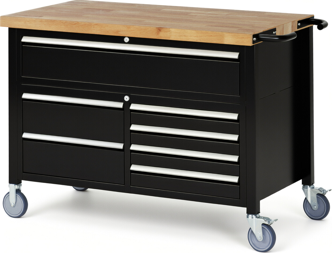 Fahrbare Werkbank Modell 8921 schwarz, BxTxH 1250x700x920 mm,  Buche-Massiv Arbeitsplatte 40 mm,  7 Schubladen mit  Vollauszug 100 % und  SoftClosing