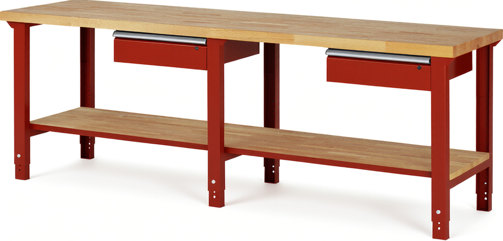 Werkbank Modell 7001 rot, BxTxH 2500x700x790-1140 mm,  Buche-Massiv Arbeitsplatte 40 mm,  2 Schubladen mit  Auszug 90 %