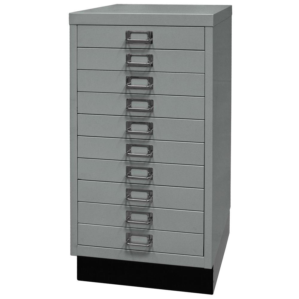 Schubladenschrank aus Stahl, BxTxH 349x432x670 mm, 10 Schubladen 51 mm, DIN A3, Sockel 80 mm hoch, silber