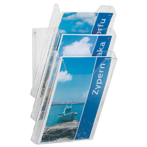 Tischprospekthalter oder Prospekthalter für Wandanbringung, 3 Fächer DIN A4, Fülltiefe 24 mm, BxTxH 242x217x291 mm, VE 3 Stück