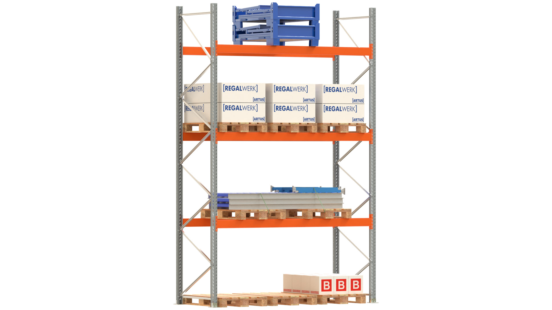 Palettenregal ARTUS - Breite 287 cm - Höhe 450 cm - Tiefe 110 cm - 3 Träger-Ebenen - Fachlast 3000 kg - 12 Palettenstellplätze
