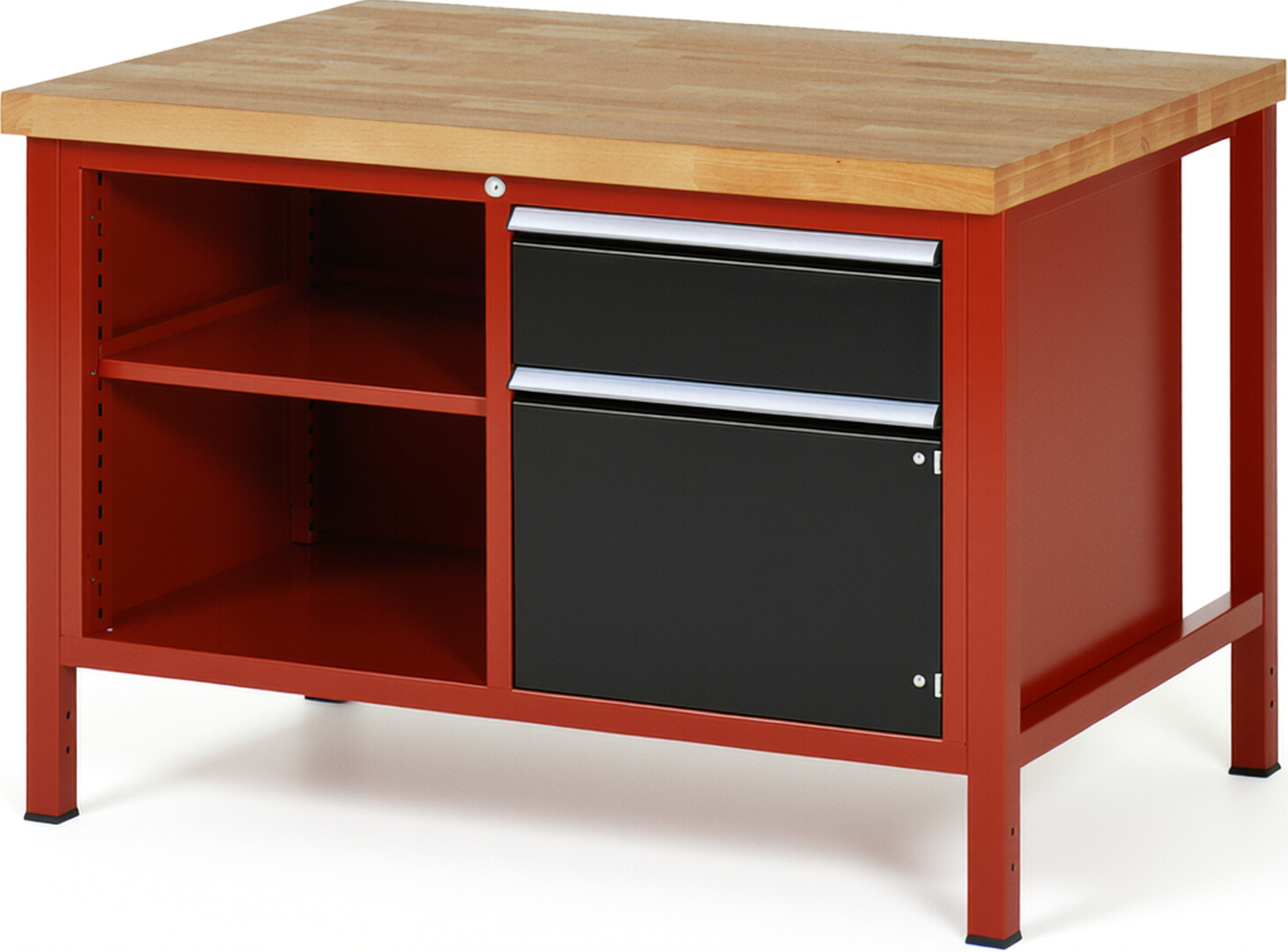 Werkbank Modell 8461 rot - schwarz, BxTxH 1250x900x840-1040 mm,  Buche-Massiv Arbeitsplatte 40 mm,  1 Schublade mit  Auszug 90 %