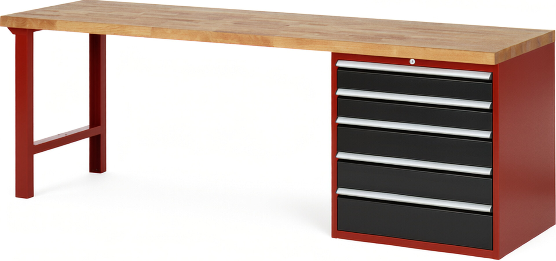 Werkbank Modell 7613 rot - schwarz, BxTxH 2500x700x890 mm,  Buche-Massiv Arbeitsplatte 40 mm,  5 Schubladen mit  Auszug 90 %