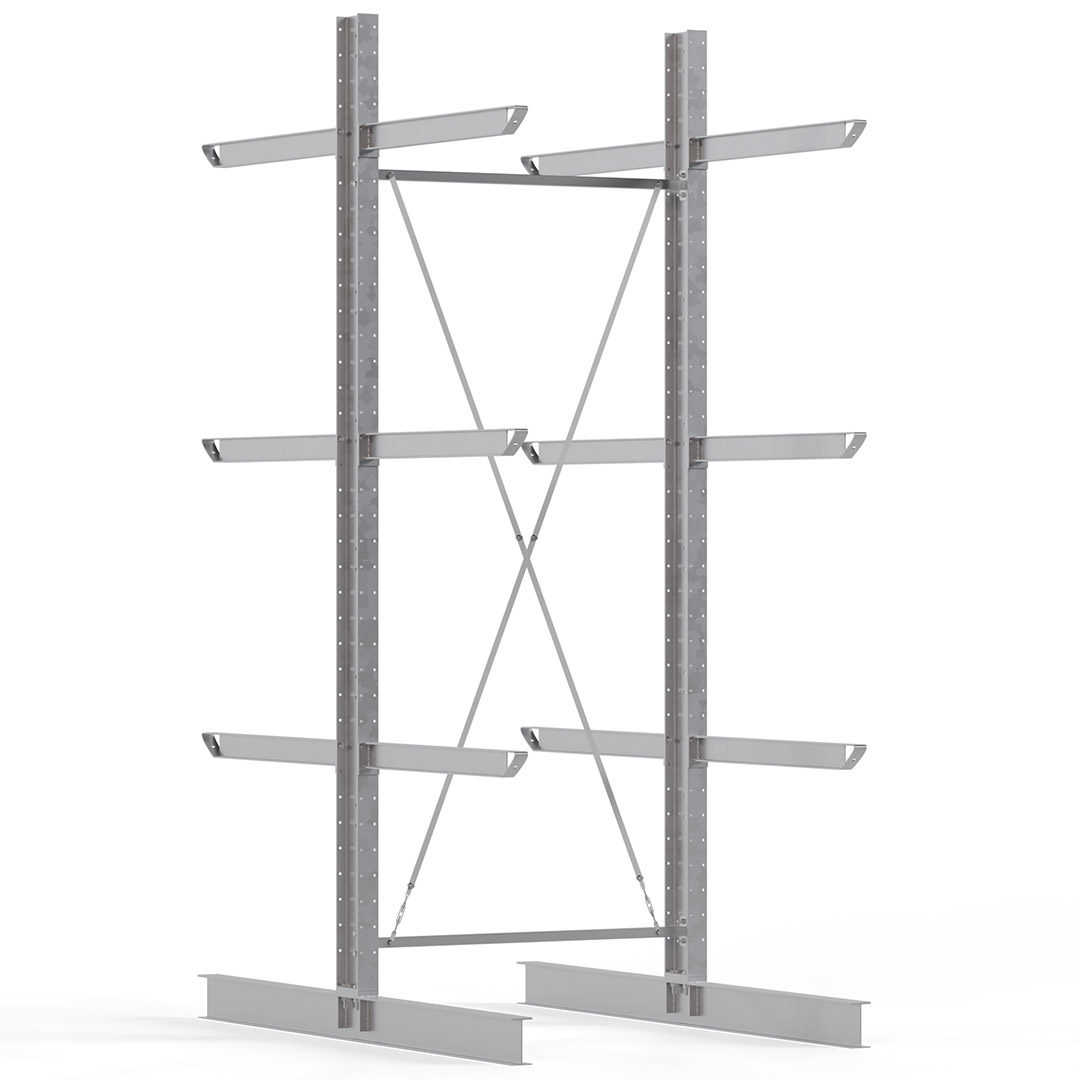 Kragarmregal KARL heavy - feuerverzinkt - Breite: 150 cm - Höhe: 400 cm - Tiefe: 120 cm - Traglast je Kragarm: 800 kg - beidseitig