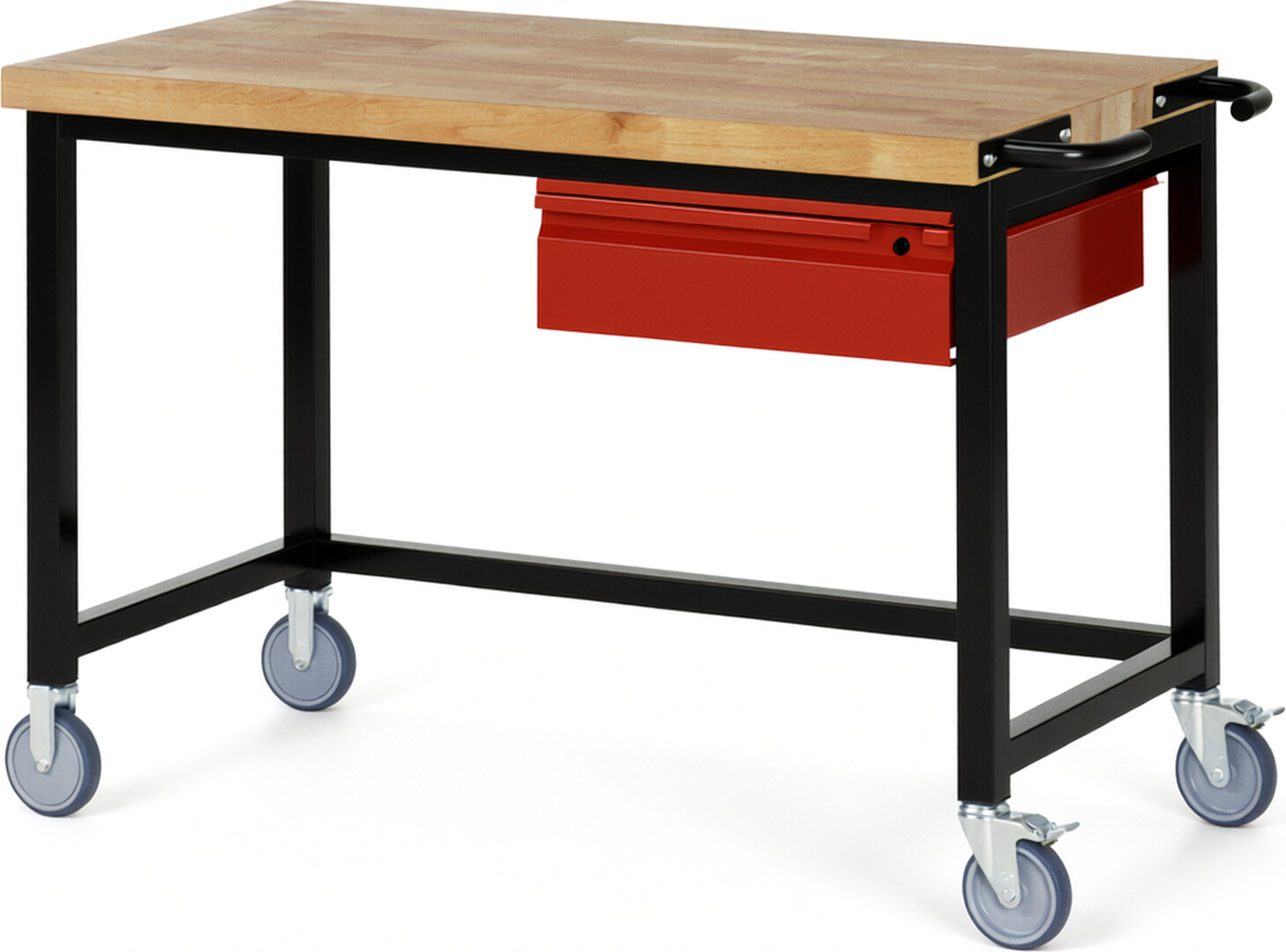 RAU Werkbank schwarz - rot - Breite 125 cm - Tiefe 70 cm - Höhe 88 cm - Buche-Massiv Arbeitsplatte 40 mm