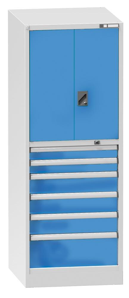 Schubladenschrank, 6 Schubladen: 1x75,1x100,1x125,2x150,1x300 mm, 1 Tür H 800 mm, 1 Fachboden, BxTxH 731x780x1950 mm, RAL 7035/5012