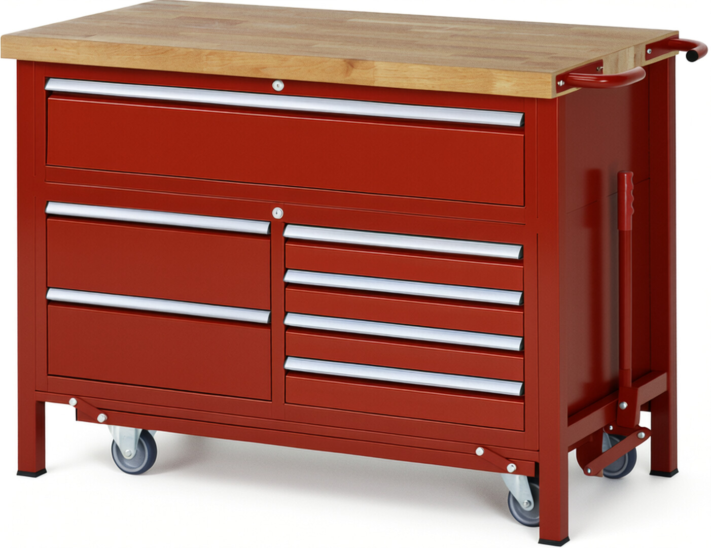 Absenkbare Werkbank Modell 8921 rot, BxTxH 1250x700x920 mm,  Buche-Massiv Arbeitsplatte 40 mm,  7 Schubladen mit  Vollauszug 100 % und  SoftClosing