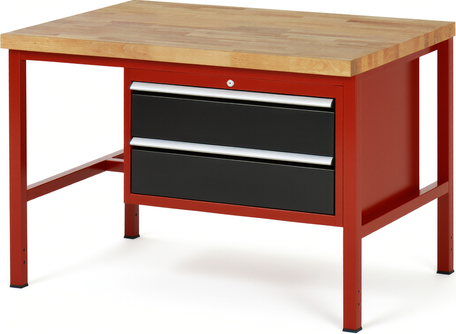Werkbank Modell 8225 rot - schwarz, BxTxH 1250x900x840-1040 mm,  Buche-Massiv Arbeitsplatte 40 mm,  2 Schubladen mit  Vollauszug 100 % und  SoftClosing