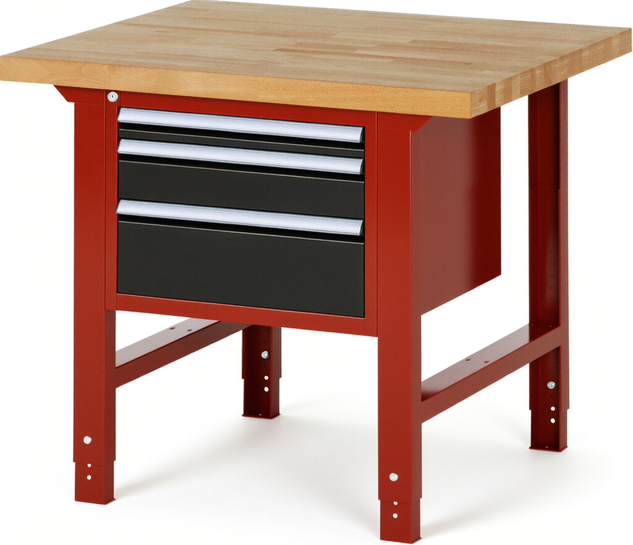 Werkbank Modell 7126 rot - schwarz, BxTxH 1000x900x790-1140 mm,  Buche-Massiv Arbeitsplatte 40 mm,  3 Schubladen mit  Vollauszug 100 % und  SoftClosing