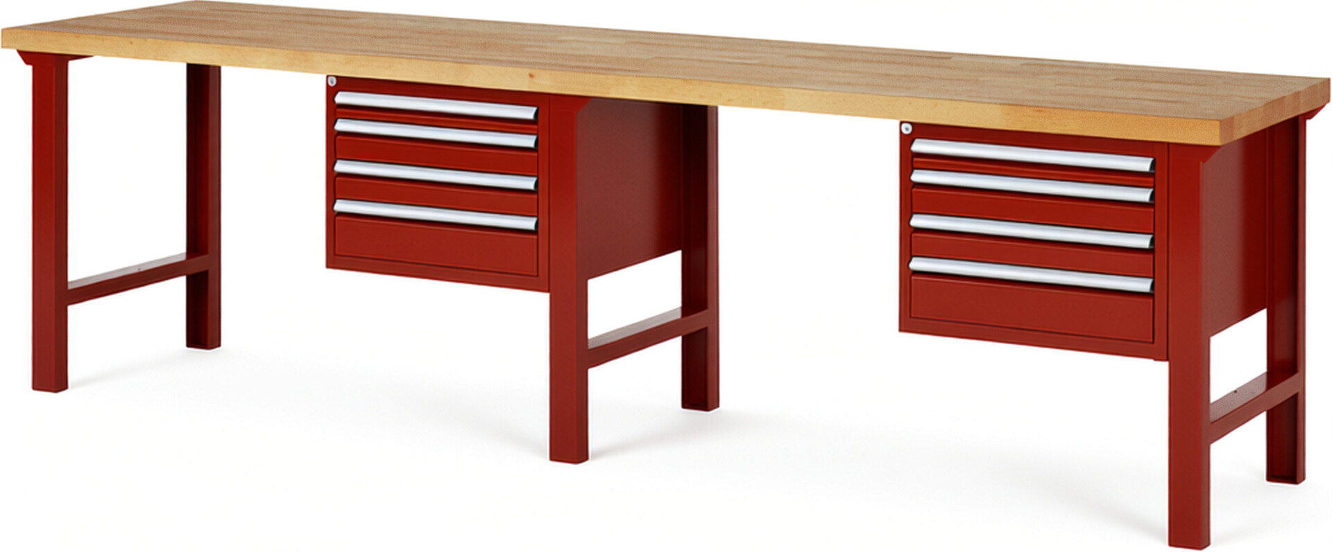 Werkbank Modell 7132 rot, BxTxH 3000x700x840 mm,  Buche-Massiv Arbeitsplatte 40 mm,  8 Schubladen mit  Auszug 90 %