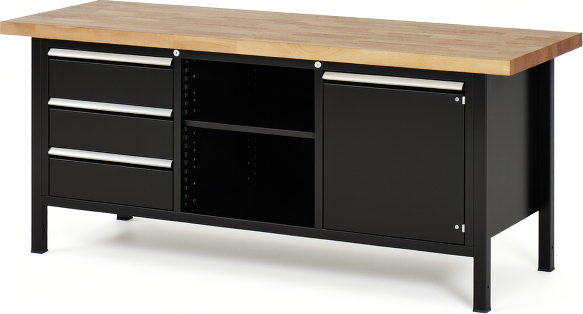 Werkbank Modell 8563 schwarz, BxTxH 2000x700x840-1040 mm,  Buche-Massiv Arbeitsplatte 40 mm,  3 Schubladen mit  Auszug 90 %